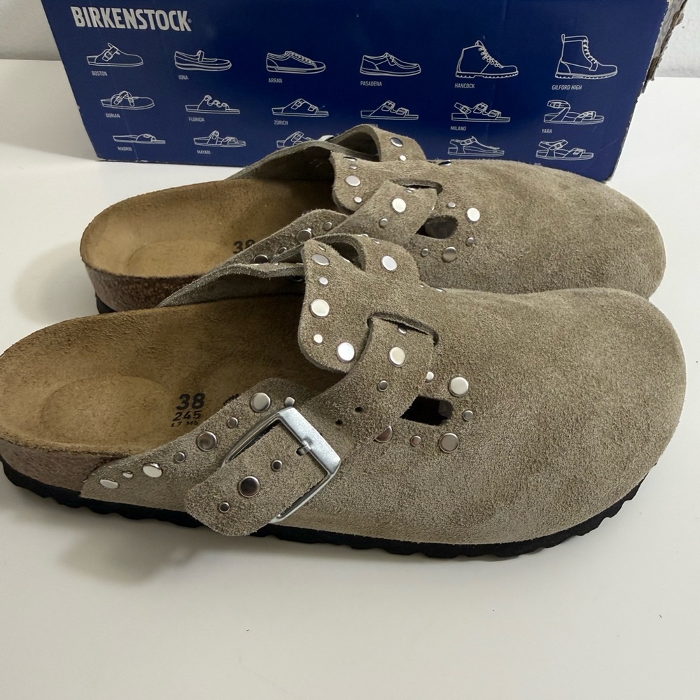 Birkenstock Beige Suede Clogs with Silver Studs - Picture 6 of 15